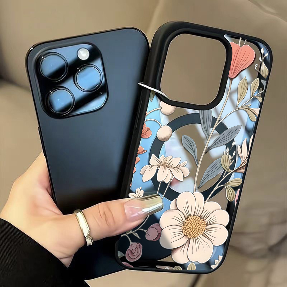 Magnetic Phone Case - Black Frame Floral Anti-fall Phone Case